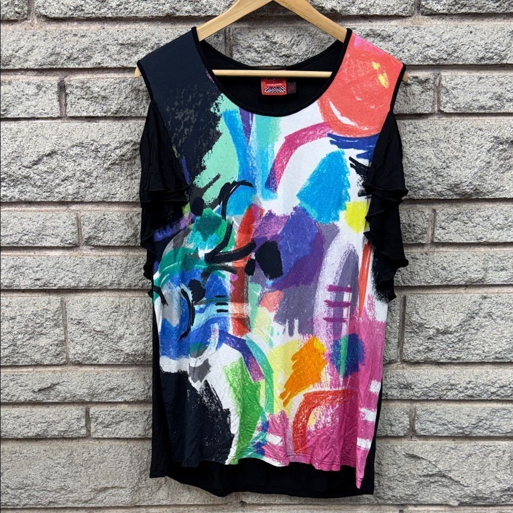 Simon Chang Multicolor Abstract Short Sleeve Top